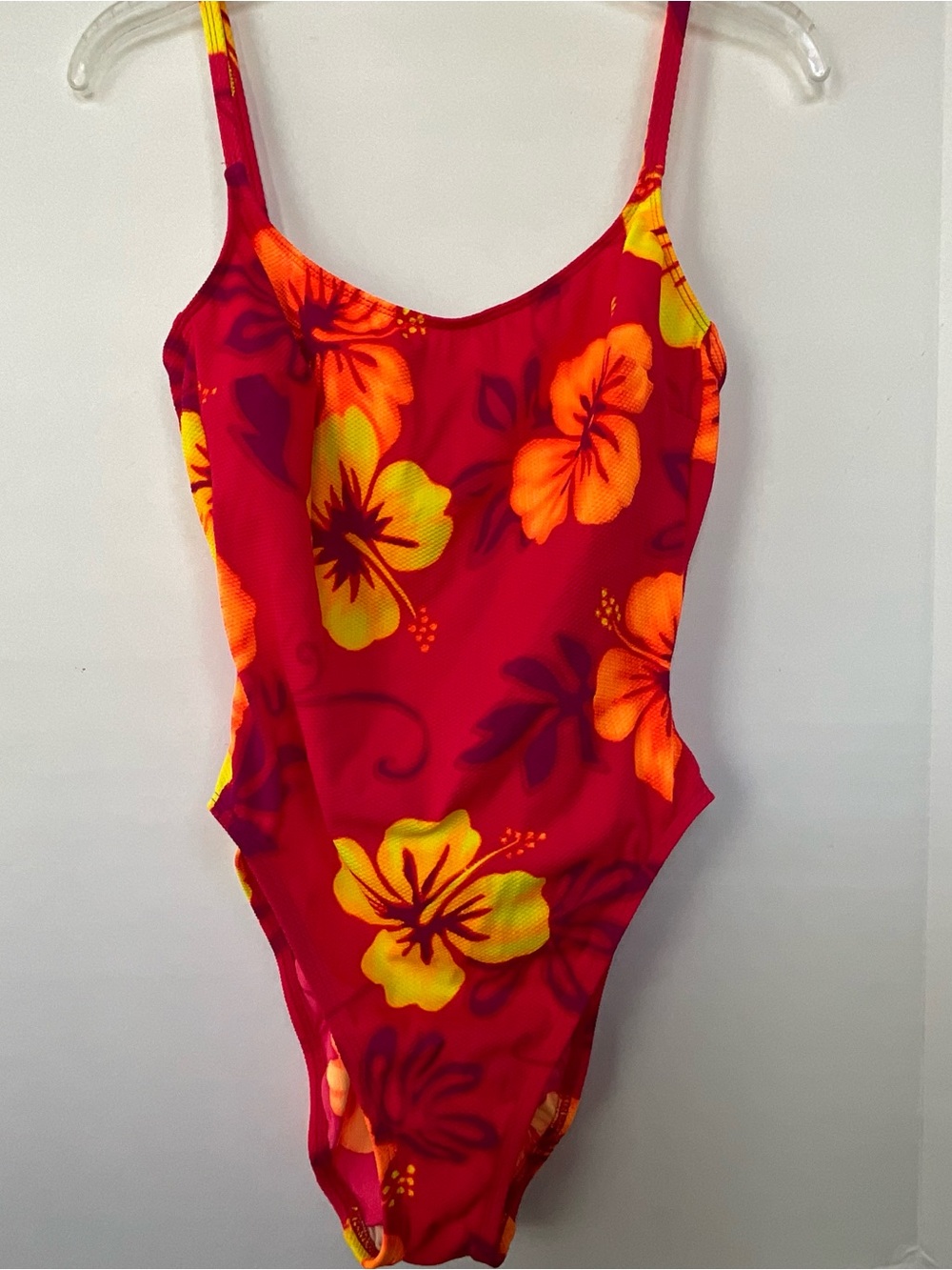 Women’s Beach Cabana Floral Red One-Piece Swimsuit with Yellow Hibiscus Size Med